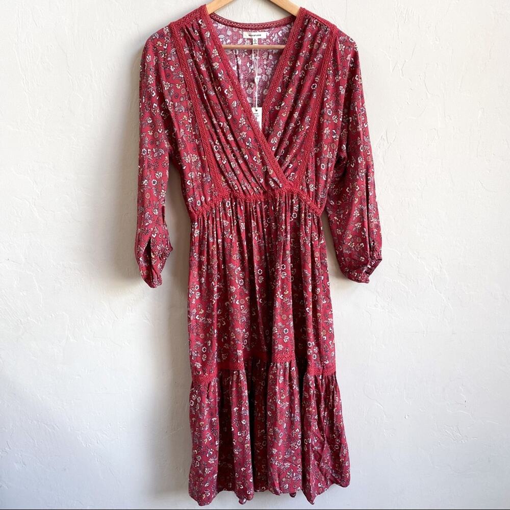 NWT Max Studio Boho Red Floral Bubble Sleeve‎ Peasant Dress Small
